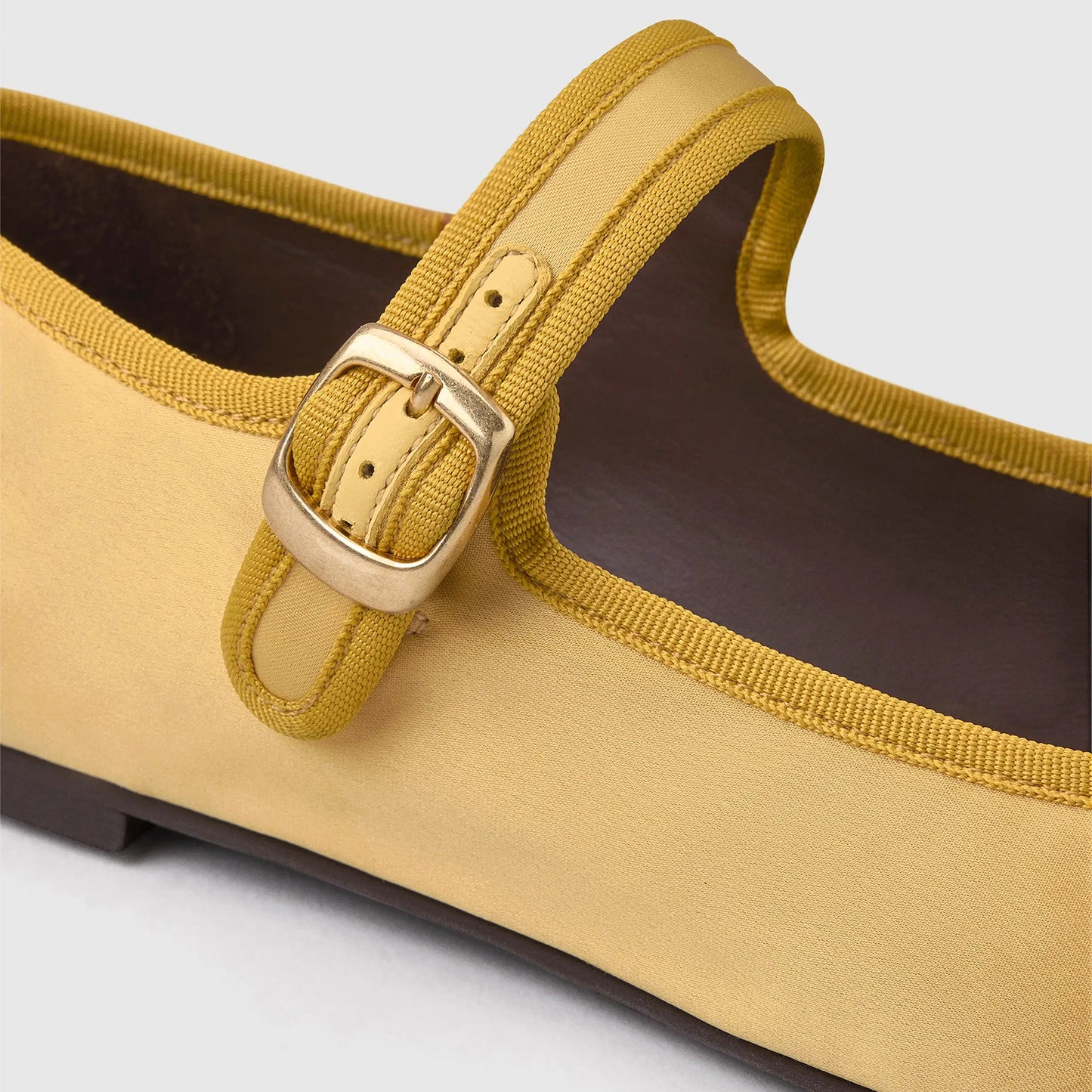 Lemon Yellow Satin Round-Toe Bridge Buckle Strap Ballet Classic Flats