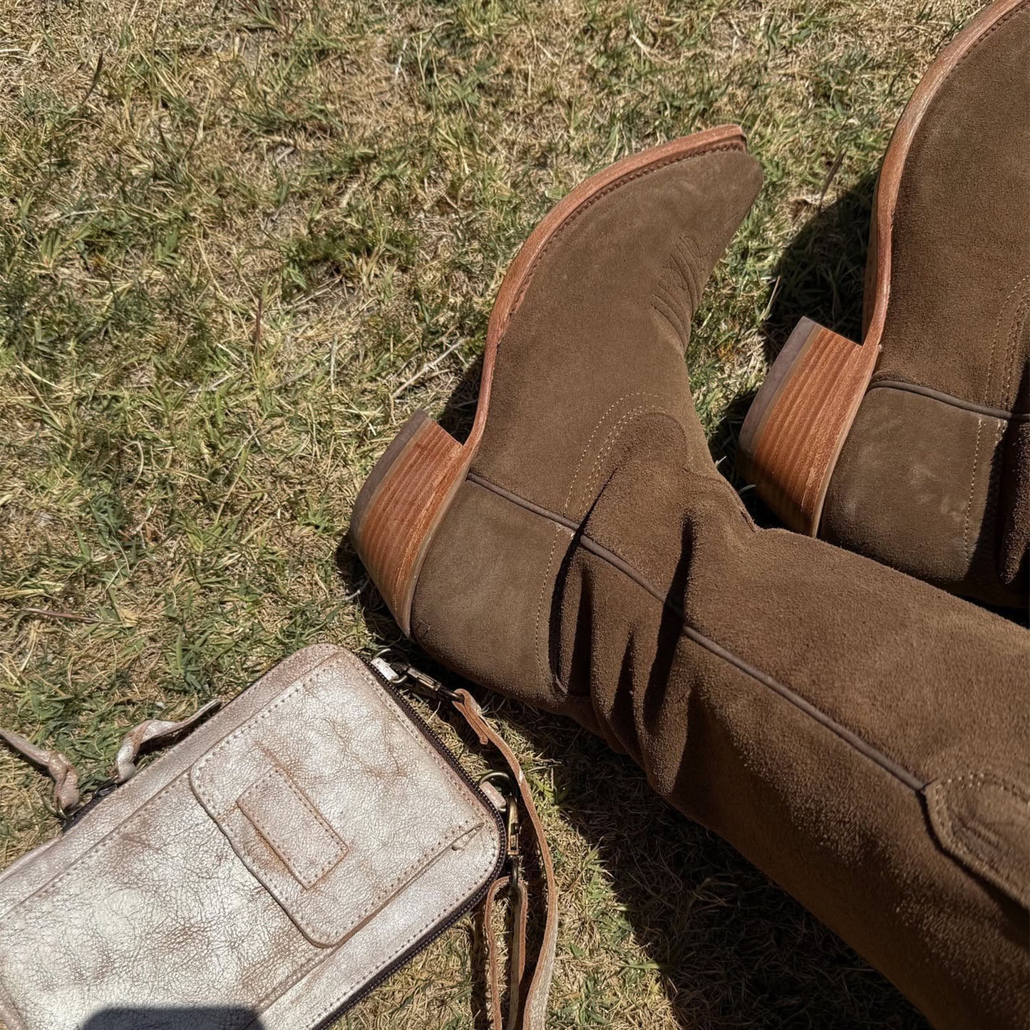 Brown Faux Suede Snip-Toe Classic Simple Mid Calf Cowgirl Boots