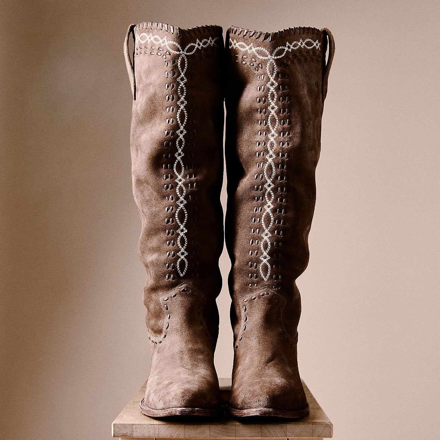 Taupe Almond-Toe Running Stitch And Embroidery Wide Calf Knee High Cowgirl Boots