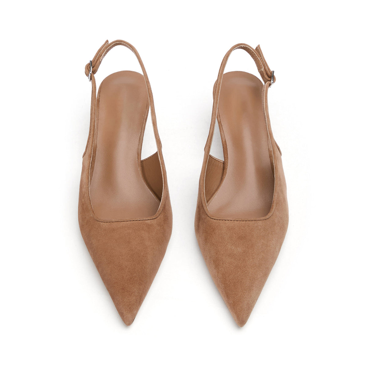 Chic Pointed-Toe Buckle Slingback Kitten Heels - Taupe Faux Suede