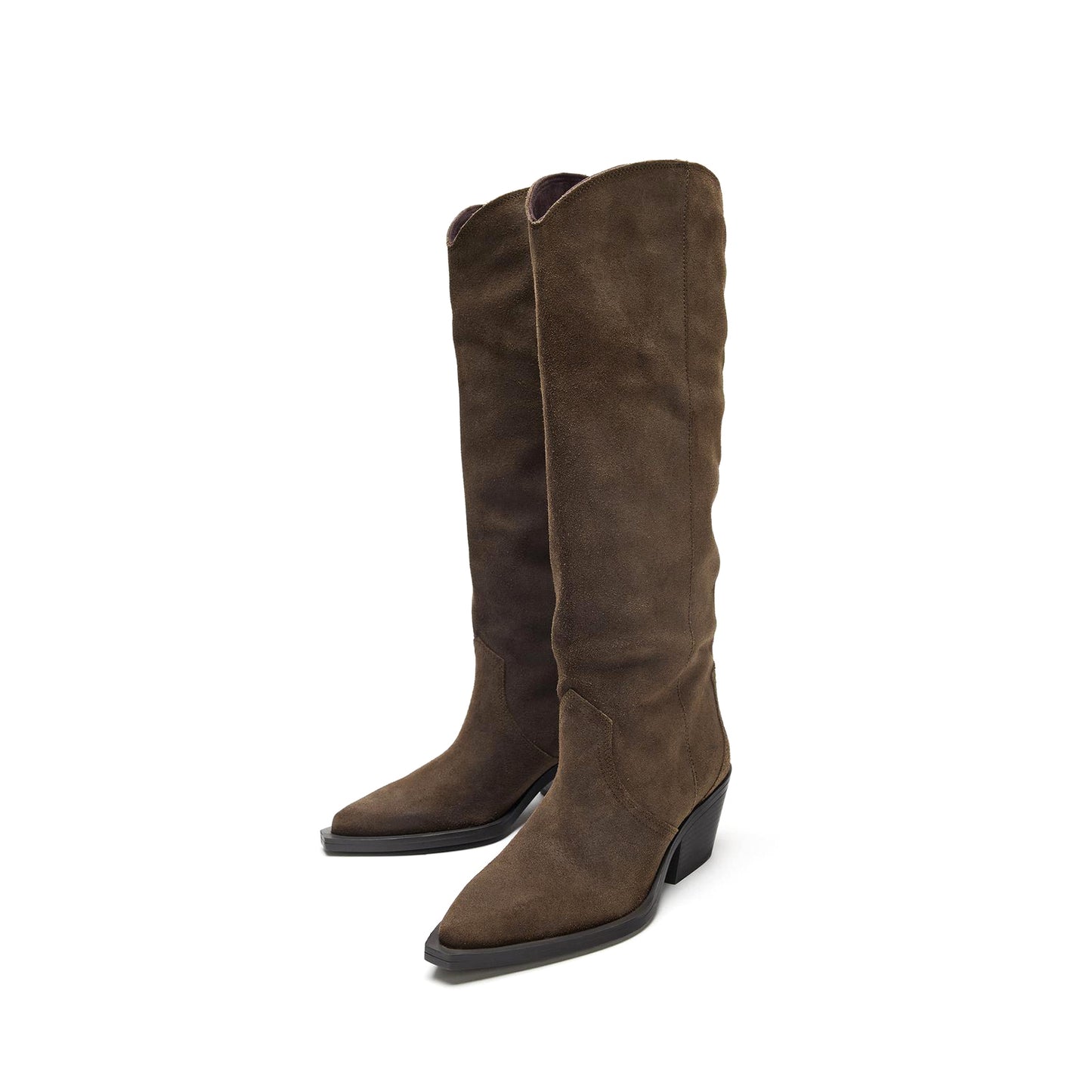 Khaki Green Faux Suede Pointed-Toe Simple And Sleek Knee High Cowgirl Boots