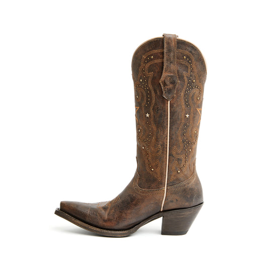 Distreseed Brown Snip-Toe Star Embroidery And Studs Mid Calf Cowgirl Boots