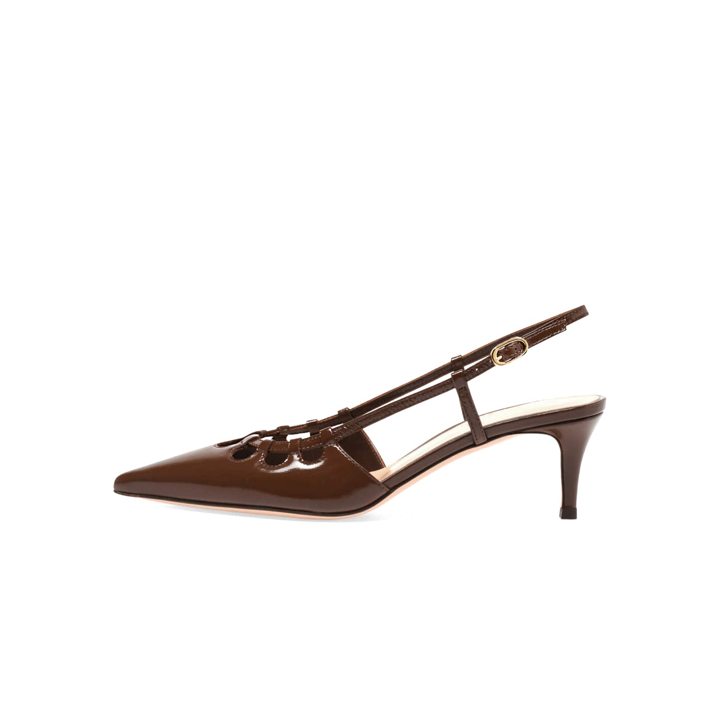Patent Brown Pointed-Toe Buckle Slingback Kitten Heels