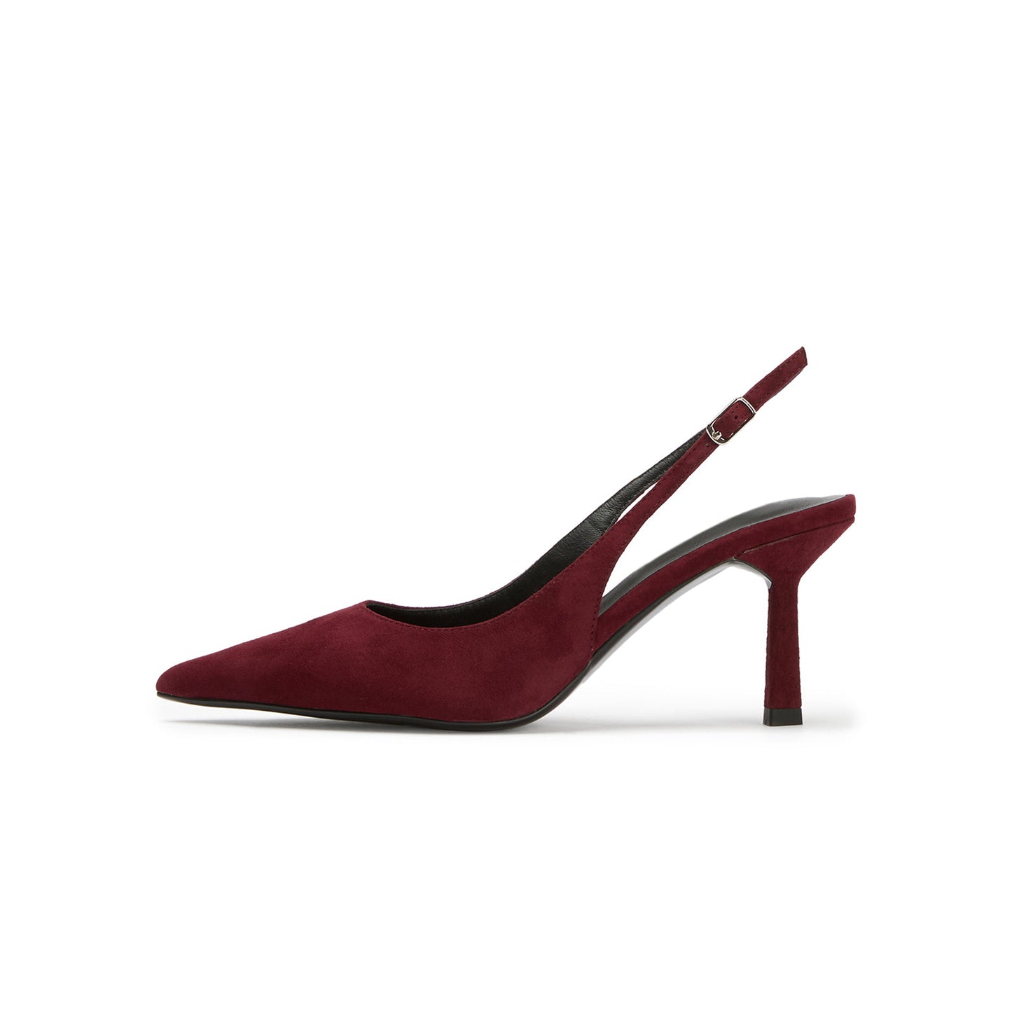 Burgundy Faux Suede Pointed-Toe Classic Buckle Slingback Kitten Heels