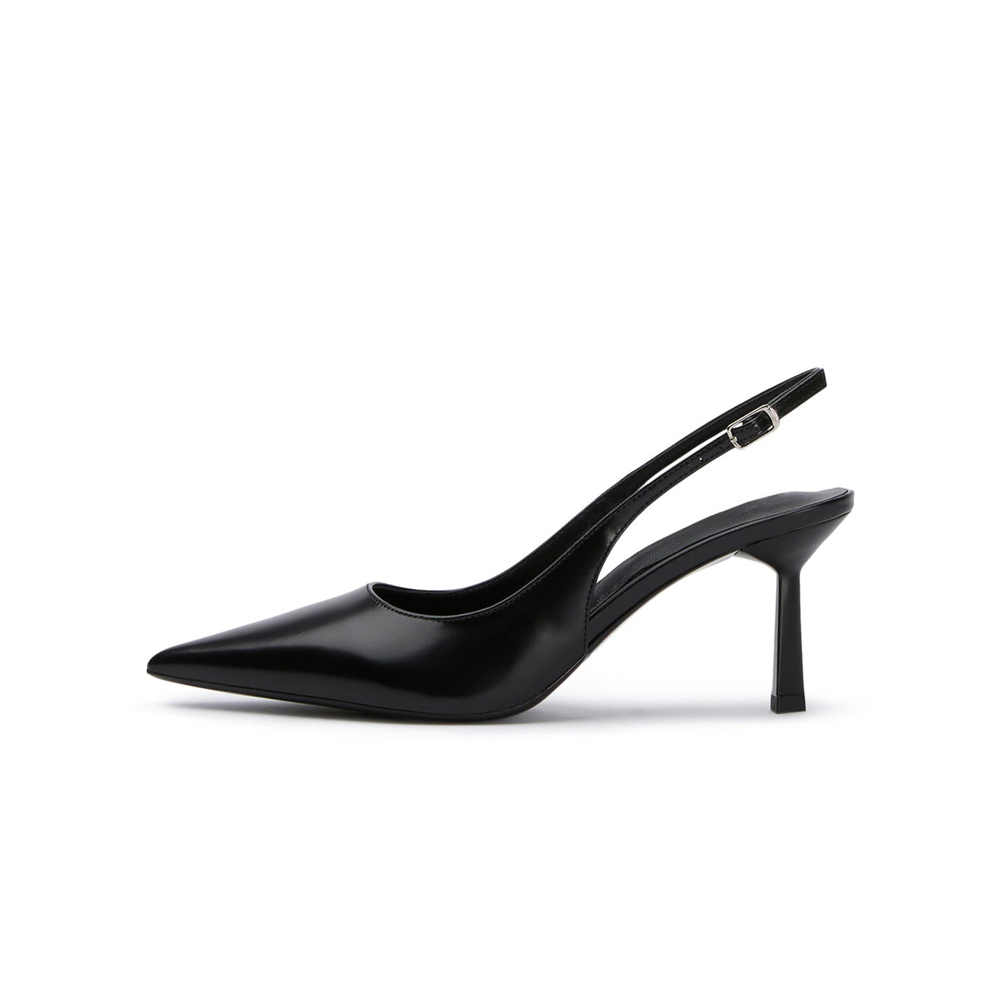 Black Pointed-Toe Classic Buckle Slingback Kitten Heels