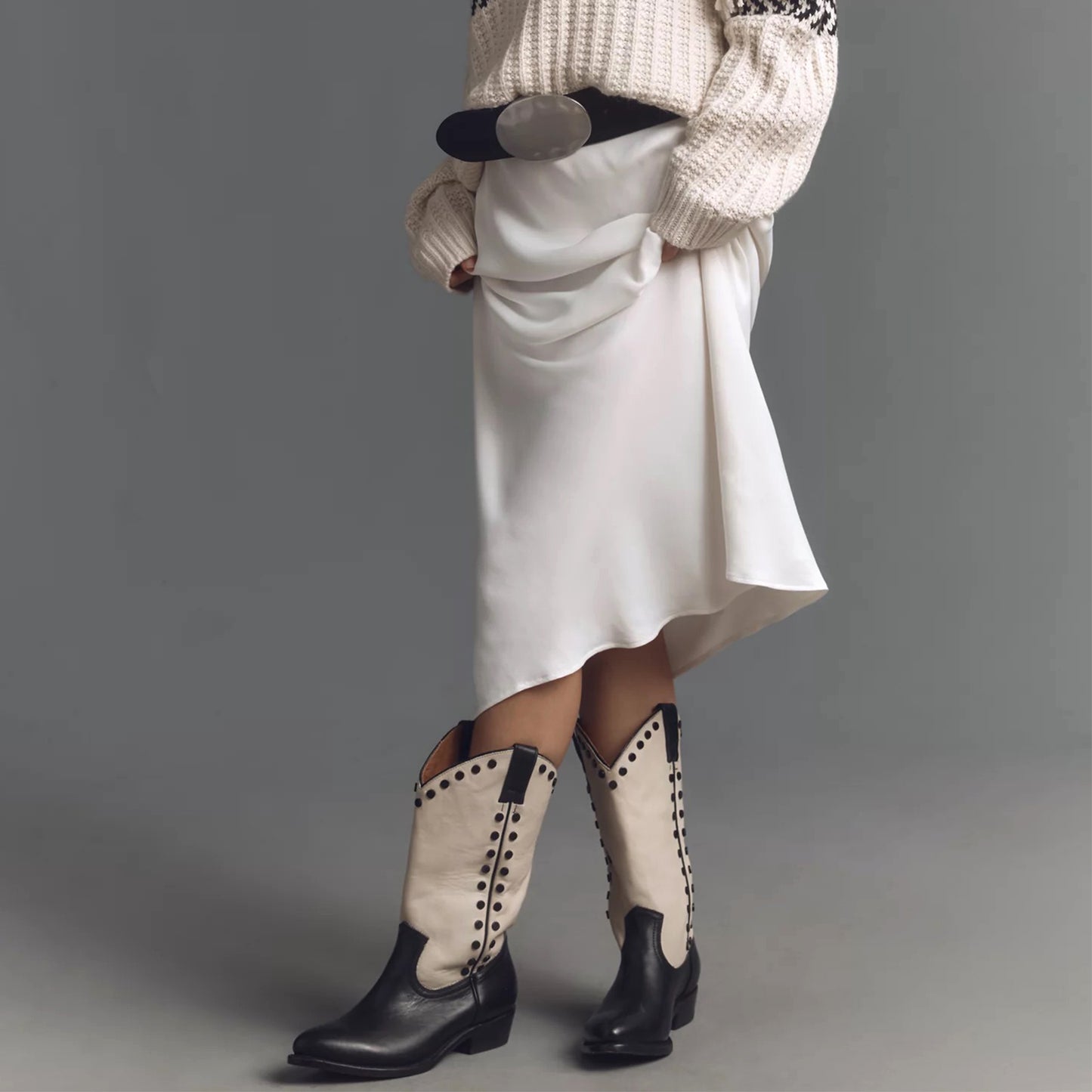 Contrast Bone And Black Round-Toe Studded Chic Mid Calf Cowgirl Boots
