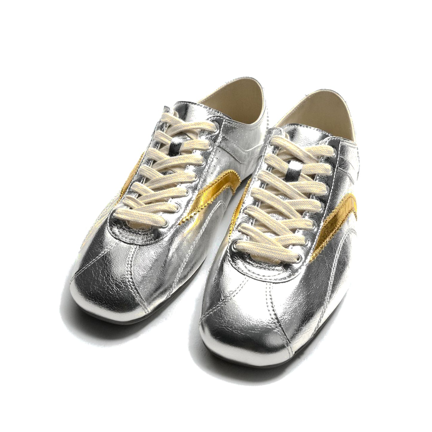 Metallic Silver Square-Toe Lace-Up Classic Sneakers Flats