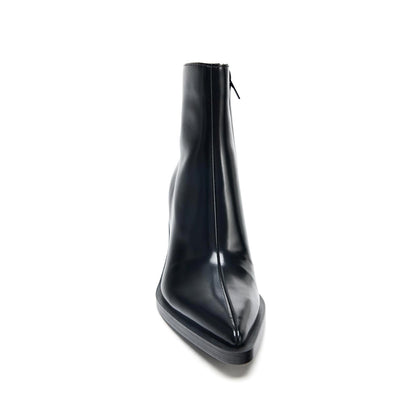 Black Pointed-Toe Full-Zip Simple Ankle Cowgirl Boots
