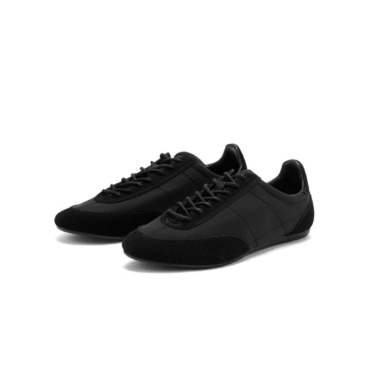 Black Faux Suede Round-Toe Lace-Up Sneakers Flats