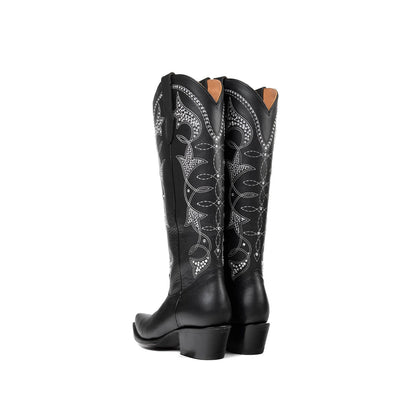 Black Snip-Toe Rhinestone Embroidery Half-Zip Knee High Cowgirl Boots