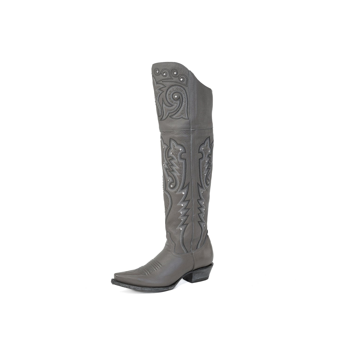 Gray Snip-Toe Embroidery Rhinestone Studs Half-Zip Knee High Cowgirl Boots