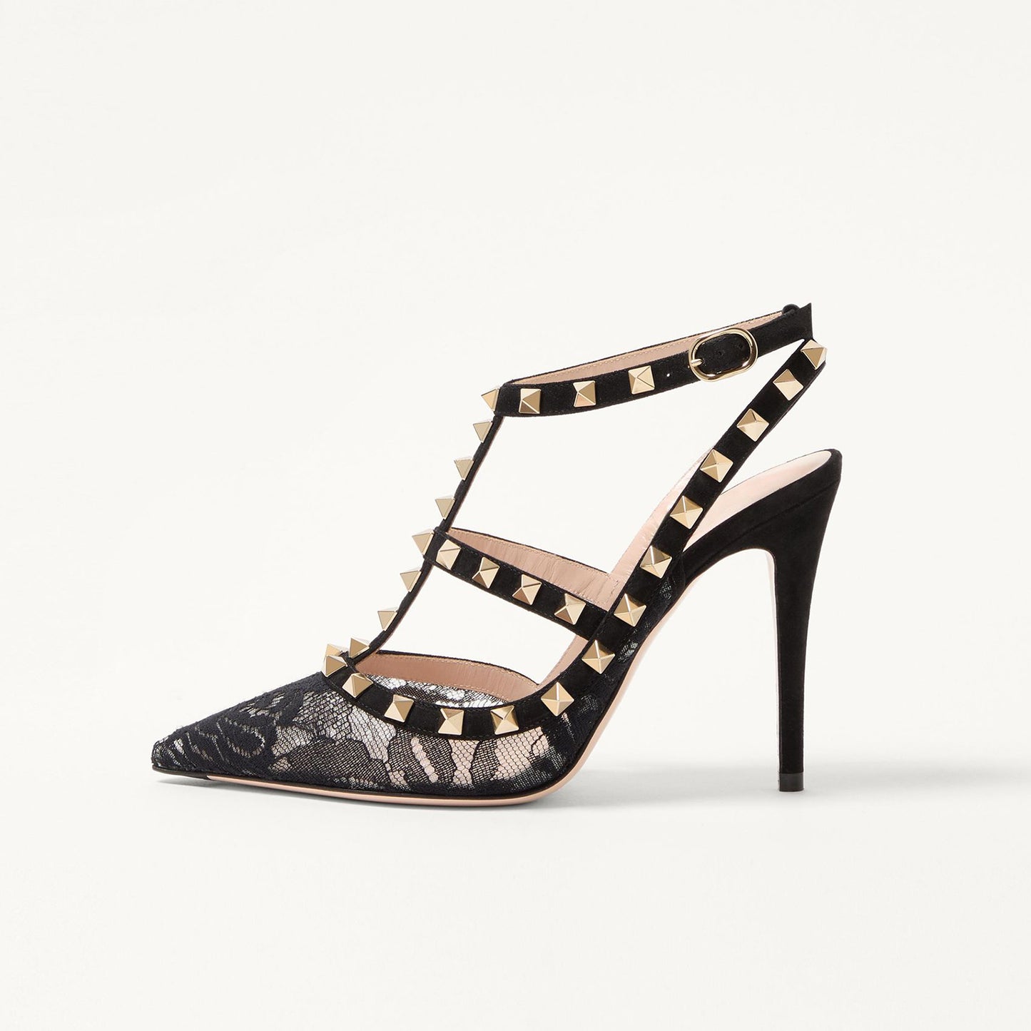 Black Lace Mesh Pointed-Toe Studded Strappy Slingback High Heels