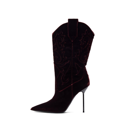 Burgundy Velvet Pointed-Toe Embroidery Chic Mid Calf Stiletto Boots