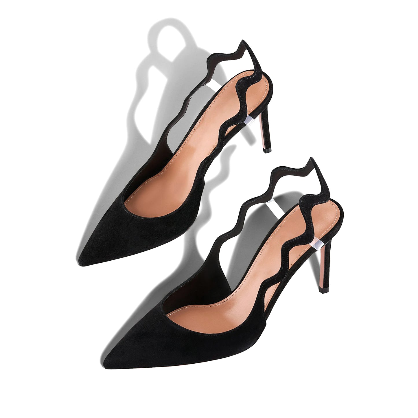 Black Faux Suede Pointed-Toe Undulating Slingback High Heels