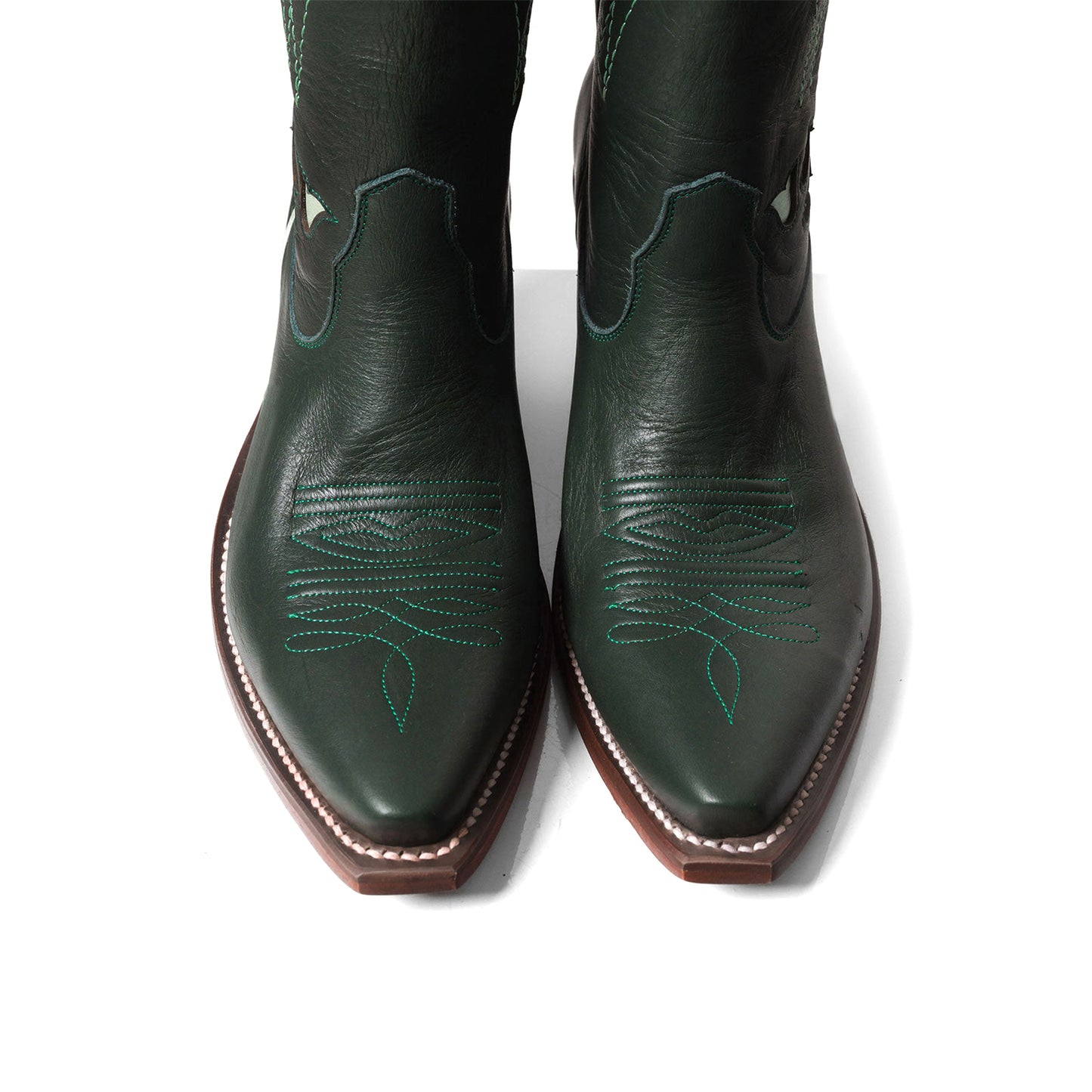 Dark Green Snip-Toe Tulip Inlay Embroidery Wide Calf Knee High Cowgirl Boots