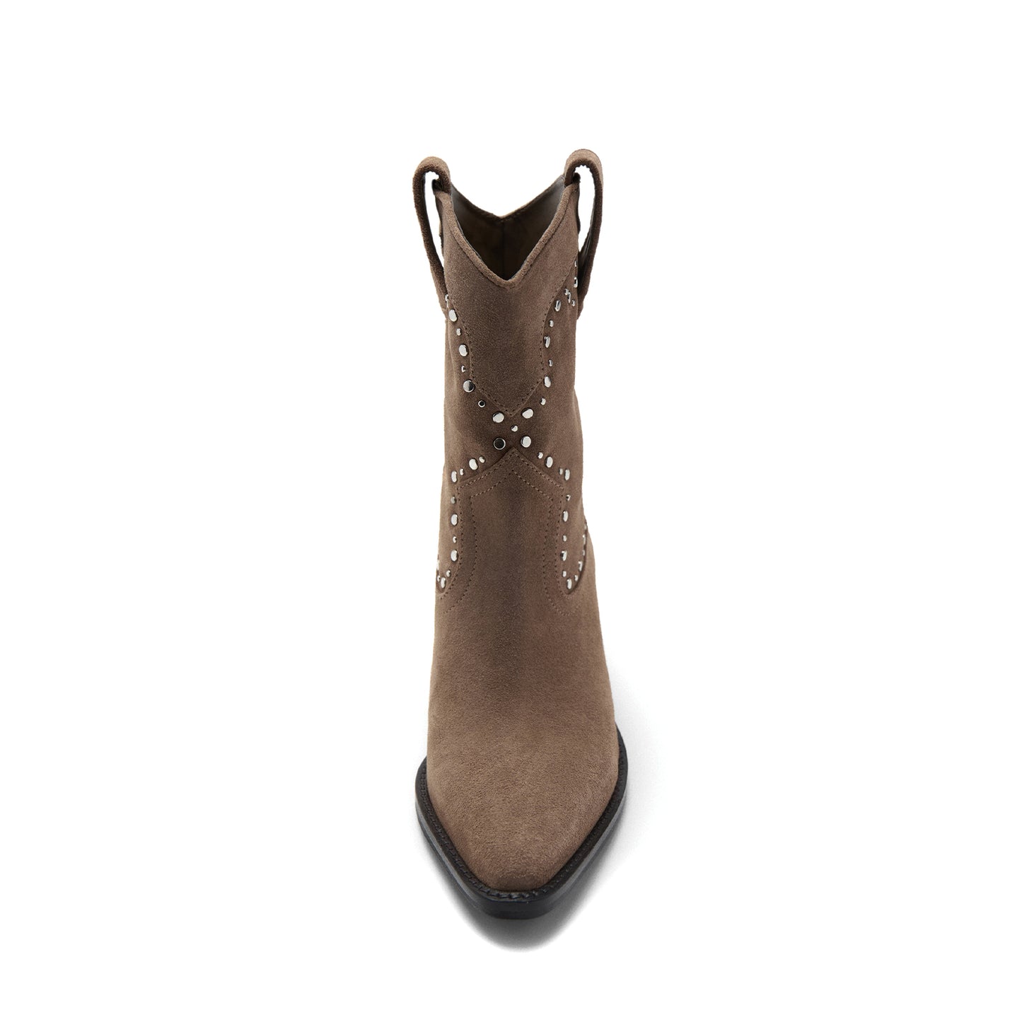Dark Sand Faux Suede Pointed-Toe Studded Chic Ankle Cowgirl Boots