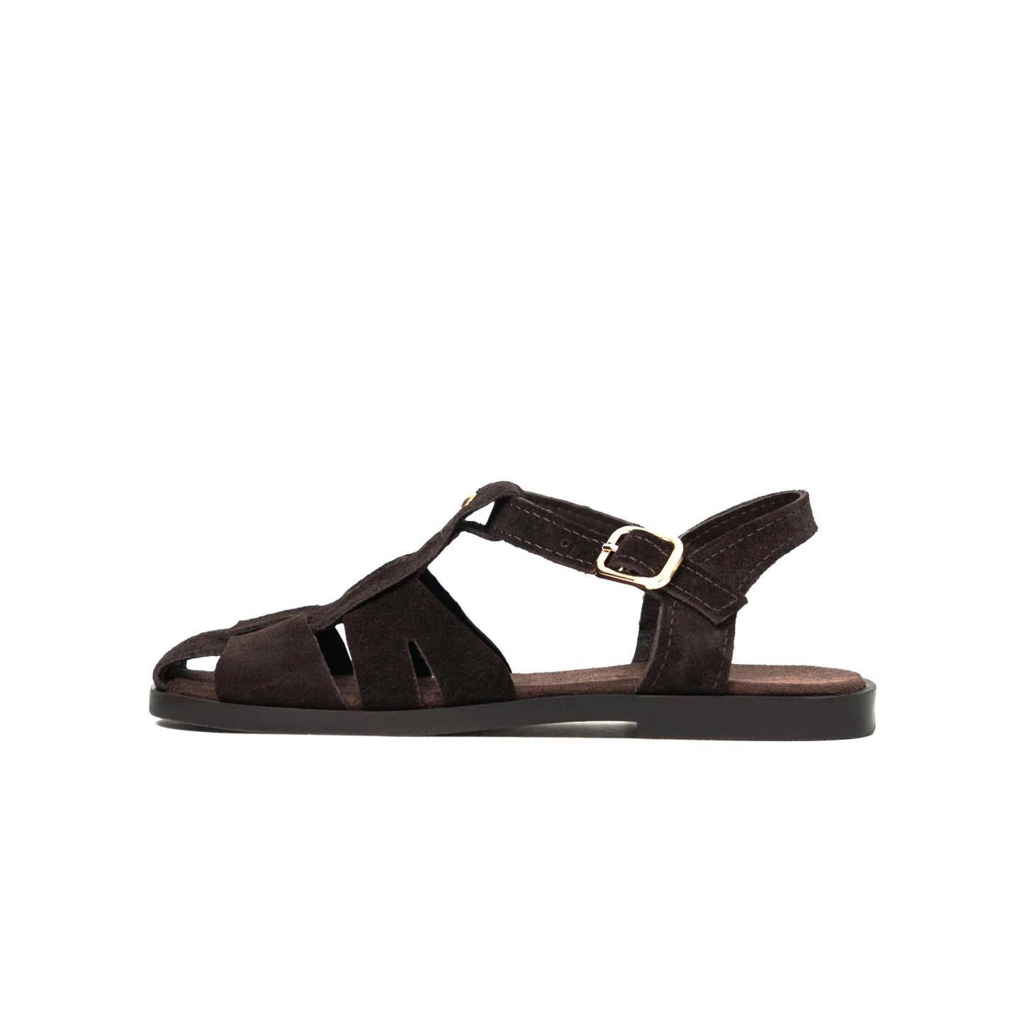 Coffee Cow Suede Round-Toe Caged Detail Buckle Sandals Flats
