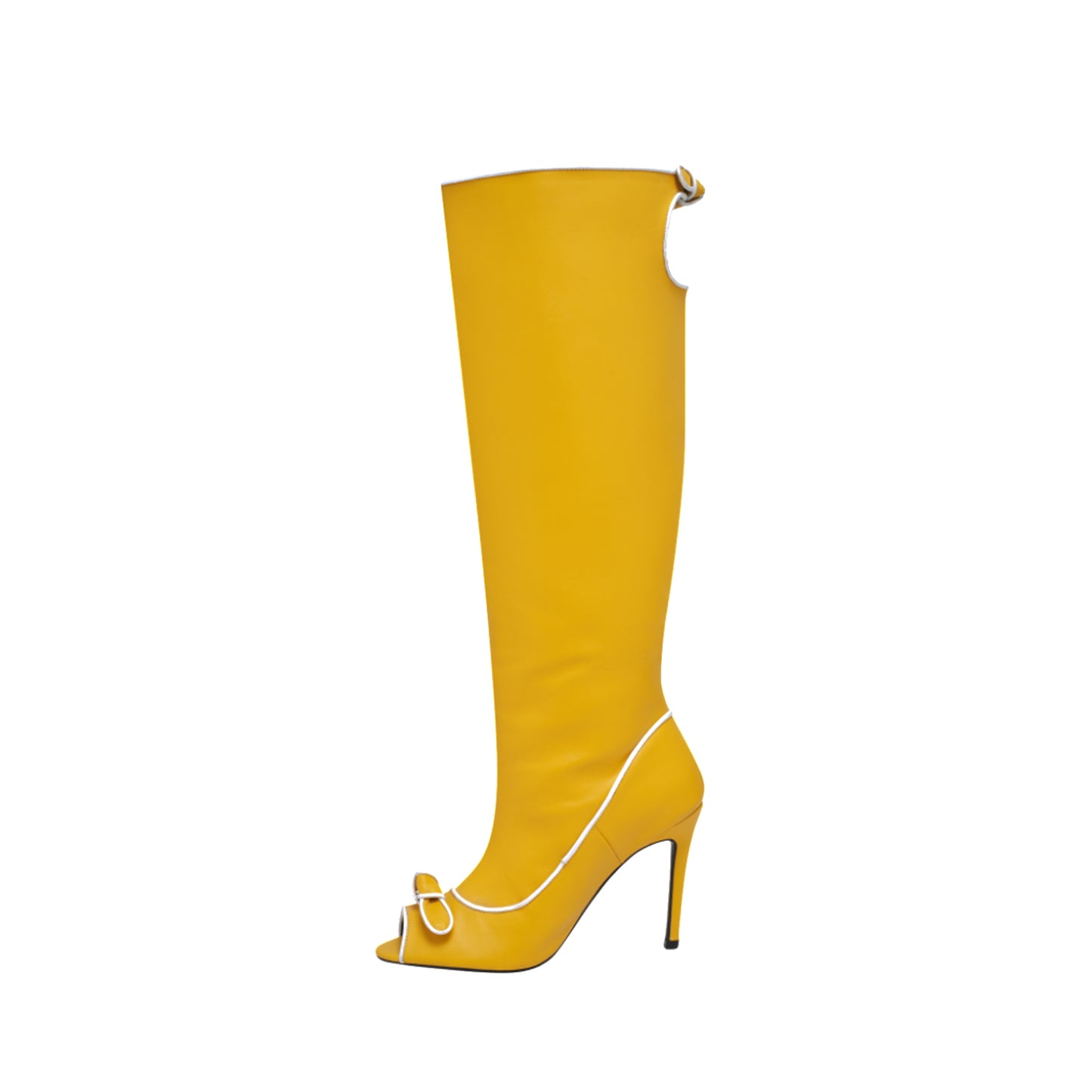 Yellow Peep Round-Toe With Bow Back Cut-Out Wide Calf Knee High Stiletto Boots