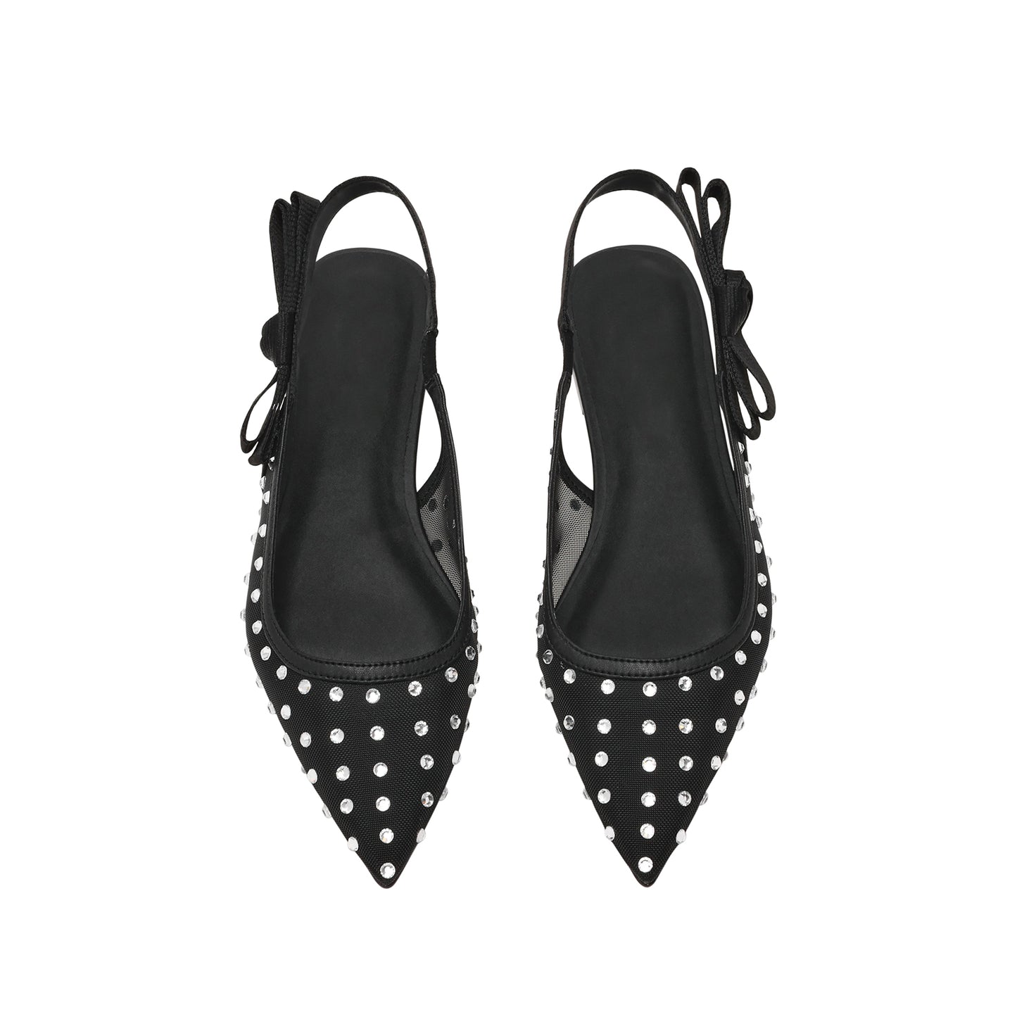 Black Mesh Pointed-Toe Rhinestones And Slingback With Bow Flats