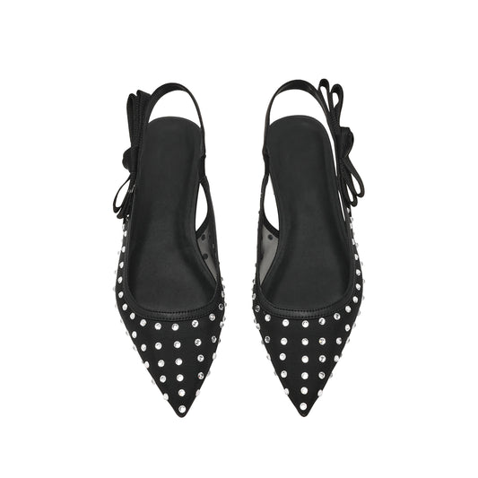 Black Mesh Pointed-Toe Rhinestones And Slingback With Bow Flats