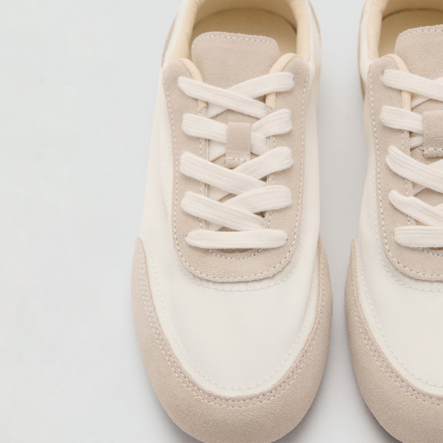 White Faux Suede And Mesh Round-Toe Lace-Up Sneakers Flats