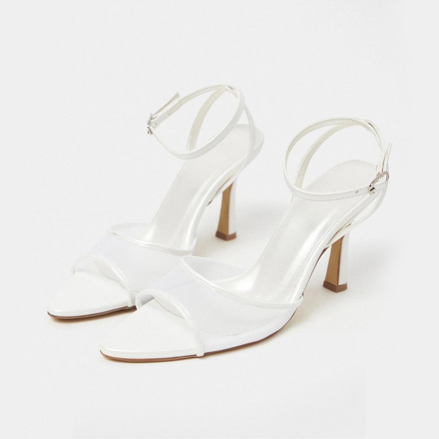 White Mesh And Satin Pointed-Toe Slingback Ankle Strap Pumps High Heels