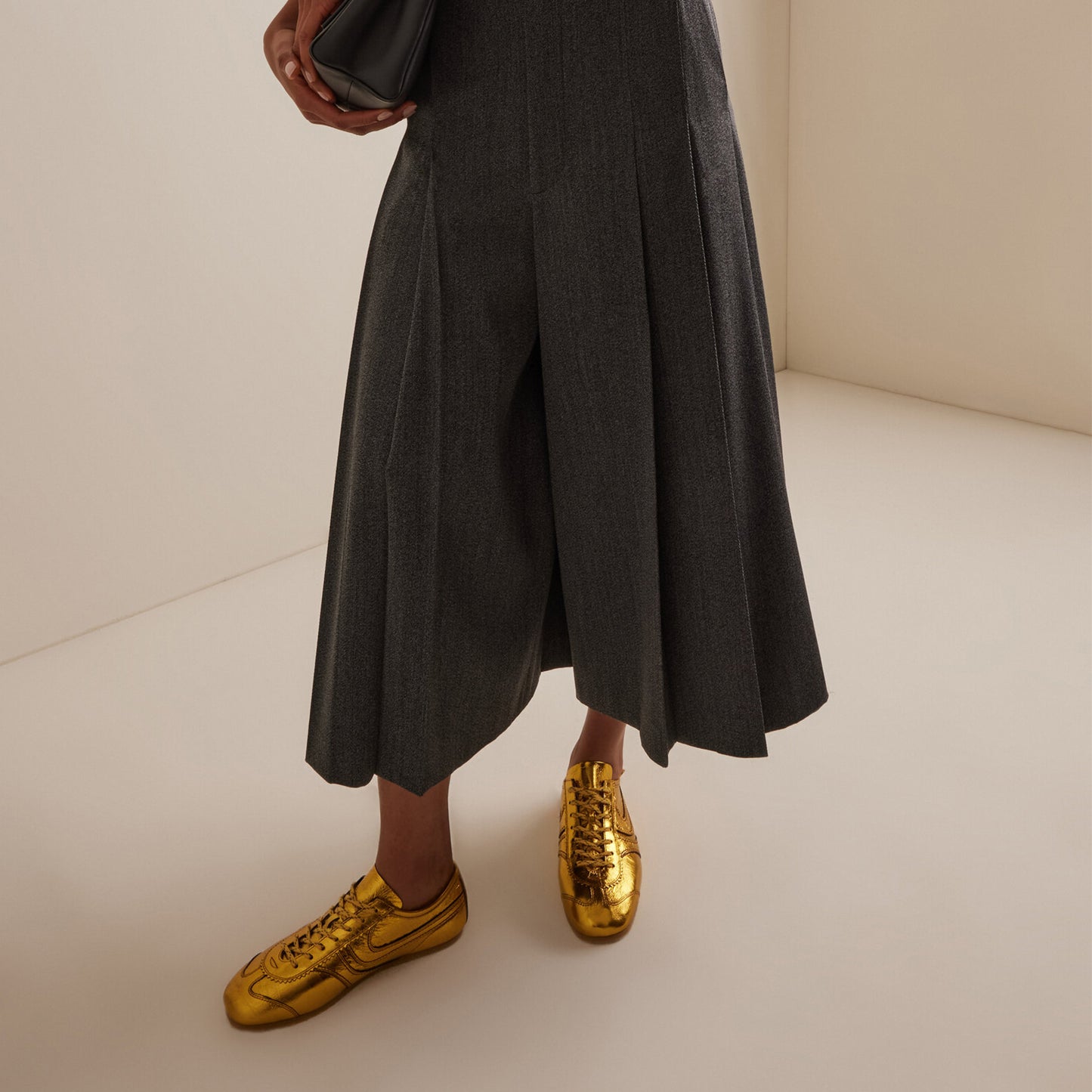 Metallic Gold Square-Toe Lace-Up Sneakers Flats