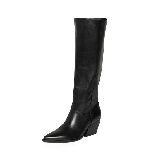 Black Pointed-Toe Half-Zip Sleek Knee High Cowgirl Boots