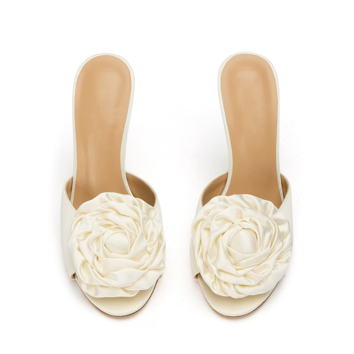 Ivory Satin Round-Toe Front Big Rose Backless High Heels