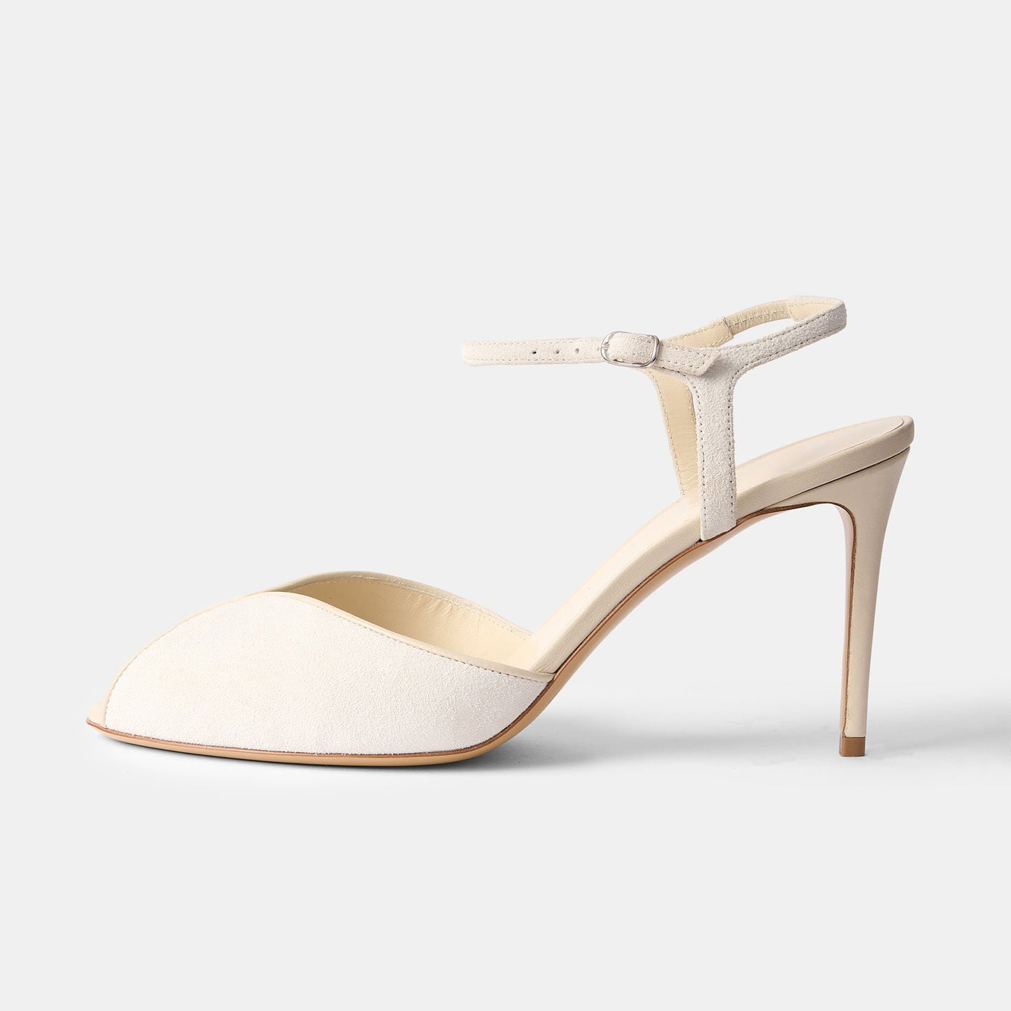 Ecru Faux Suede Peep Round-Toe Slingback And Ankle Strap Chic High Heels