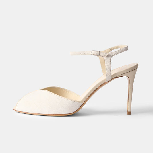 Ecru Faux Suede Peep Round-Toe Slingback And Ankle Strap Chic High Heels