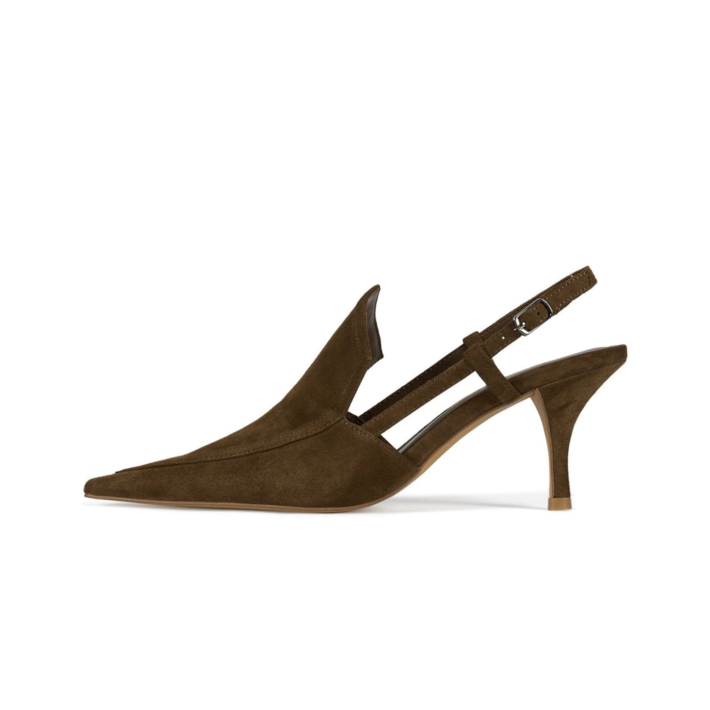 Brown Faux Suede Pointed-Toe Slingback Kitten Heels