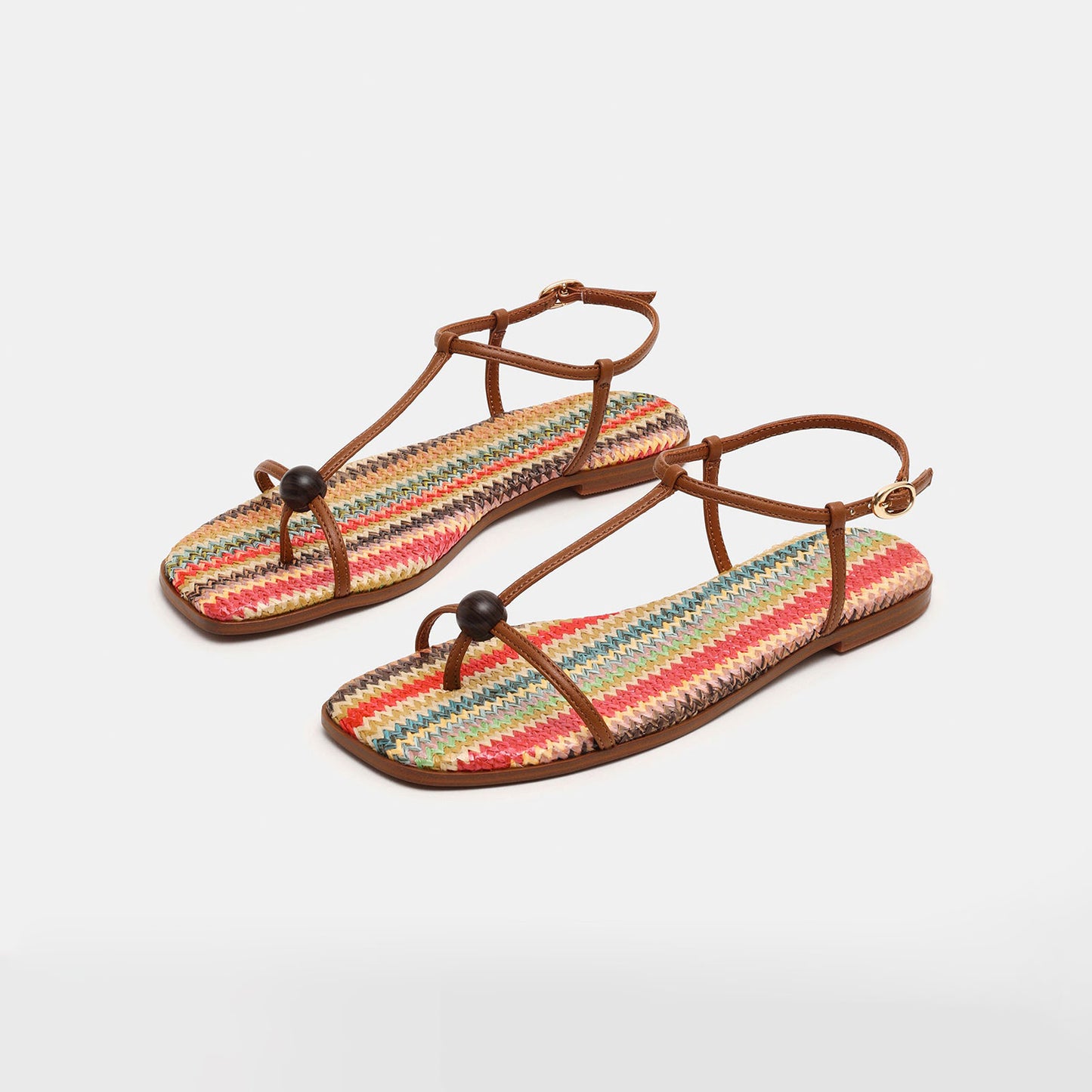 Brown And Multi-Color Square-Toe Strappy Ankle Strap Sandals Flats