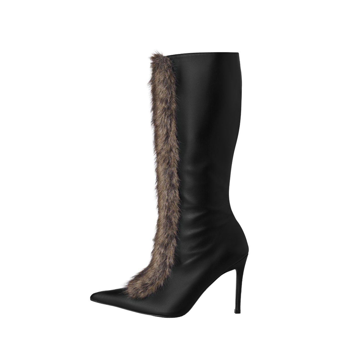 Black Pointed-Toe Faux Mink Plush Full-Zip Mid Calf Stiletto Boots