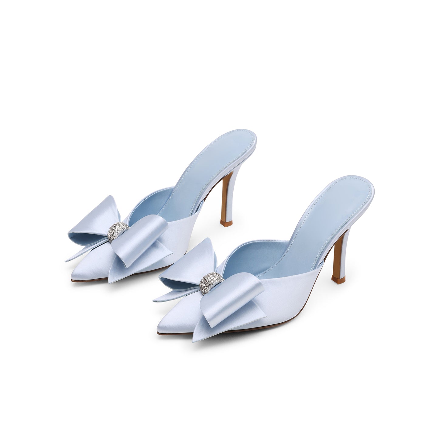 Light Blue Satin Pointed-Toe Front Big Bow Slip-On Backless High Heels