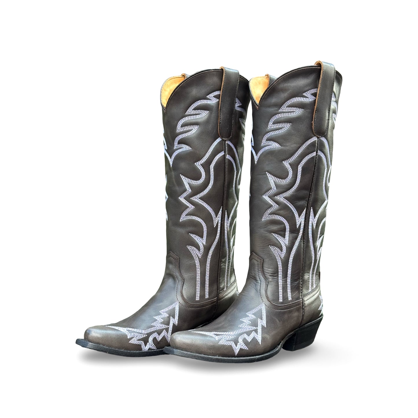 Dark Gray Snip-Toe Western Embroidery Chic Mid Calf Cowgirl Boots