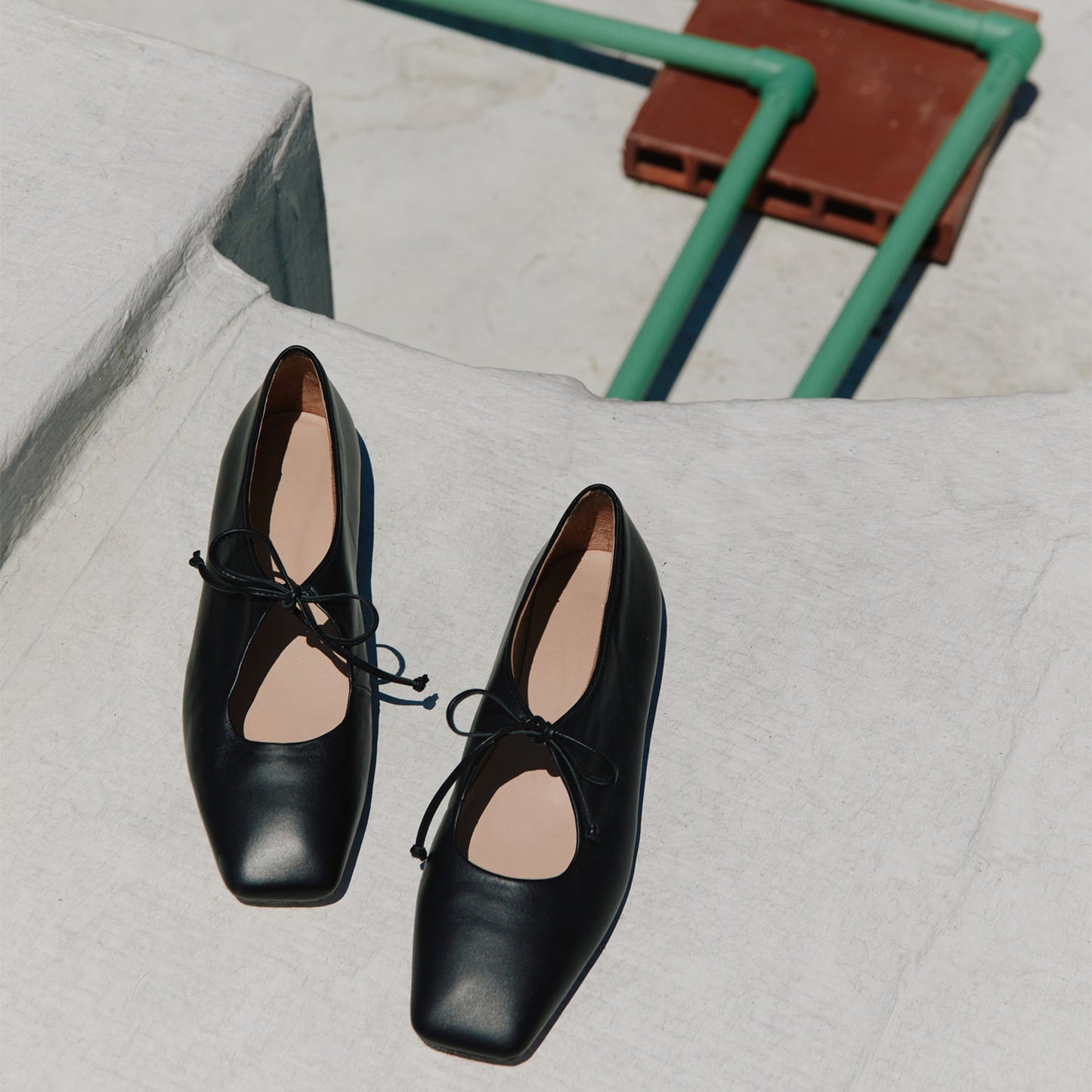 Black Vegan Leather Square-Toe Vamp Strap With Bow Ballet Flats