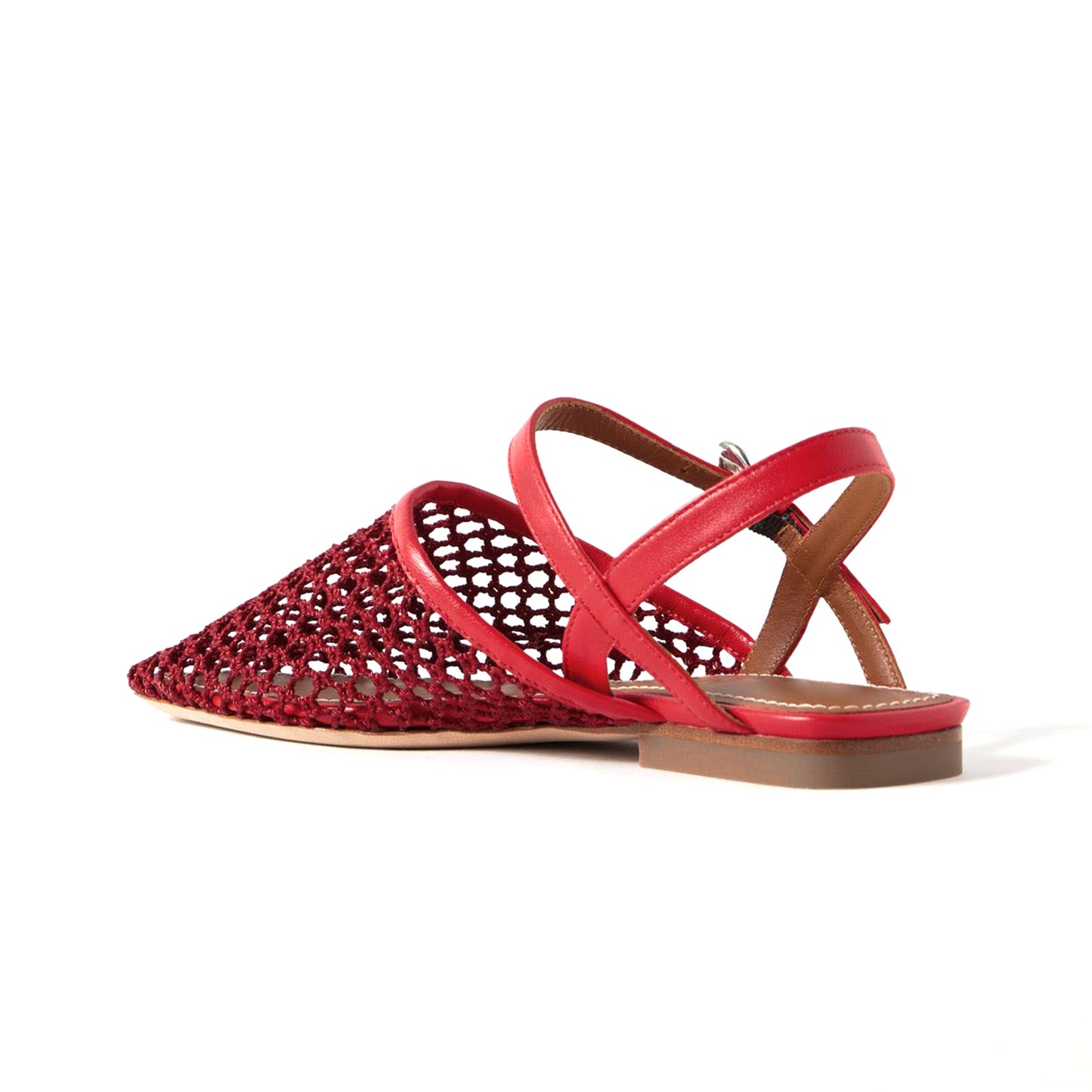Red Mesh Square-Toe Slingback And Ankle Strap Stylish Flats