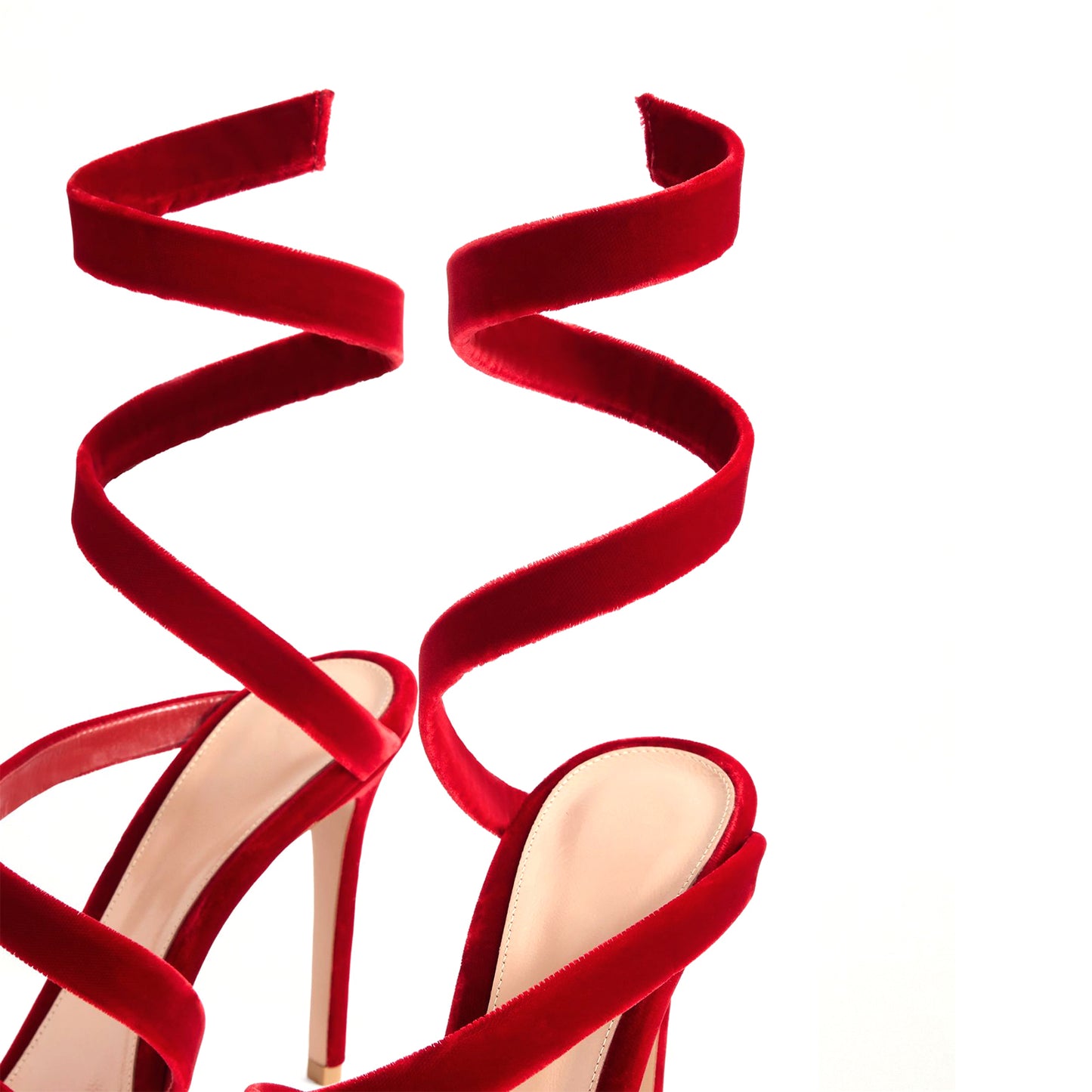 Red Velvet Round-Toe Spiral Ankle Straps Sandals High Heels