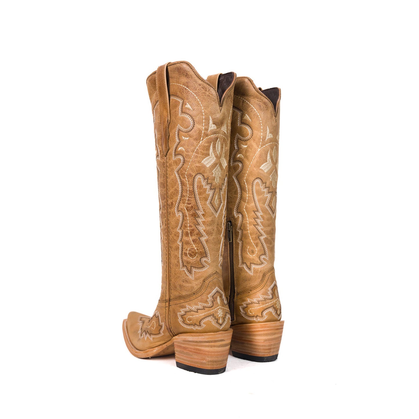 Tan Snip-Toe Stylish Embroidery Half-Zip Classic Knee High Cowgirl Boots