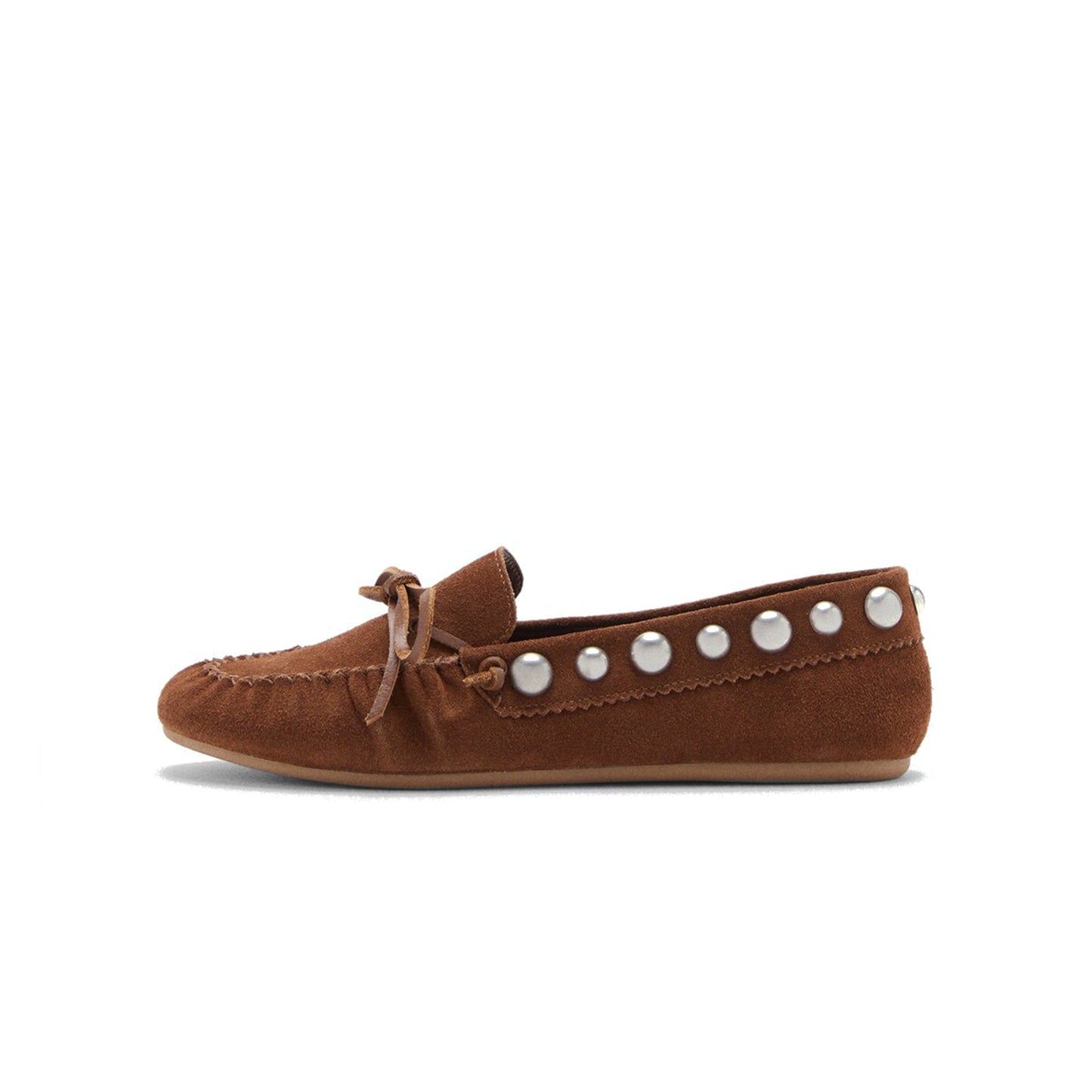 Brown Faux Suede Round-Toe Back Studs Front Bow Flats