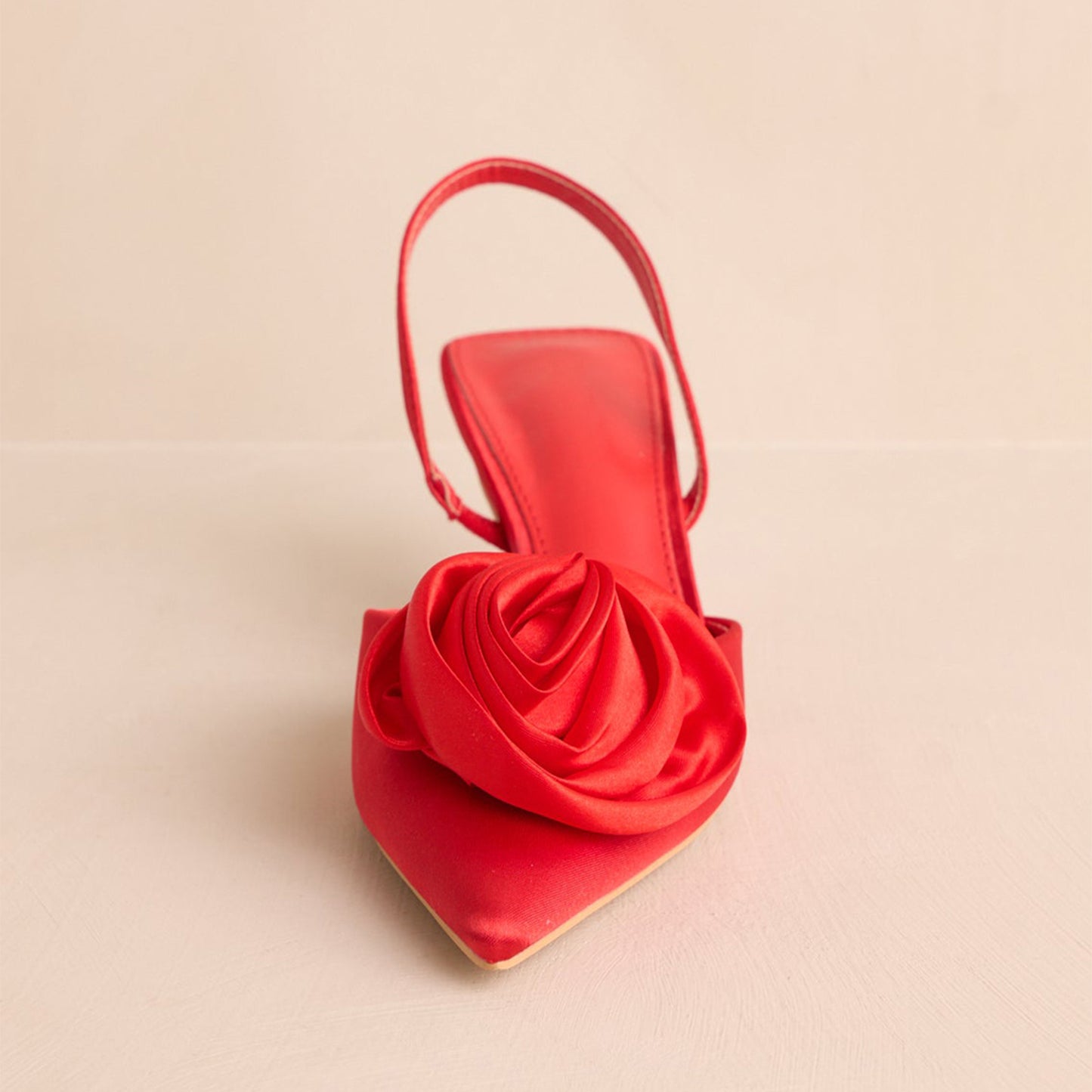 Red Satin Pointed-Toe Front Flower Slingback Kitten Heels