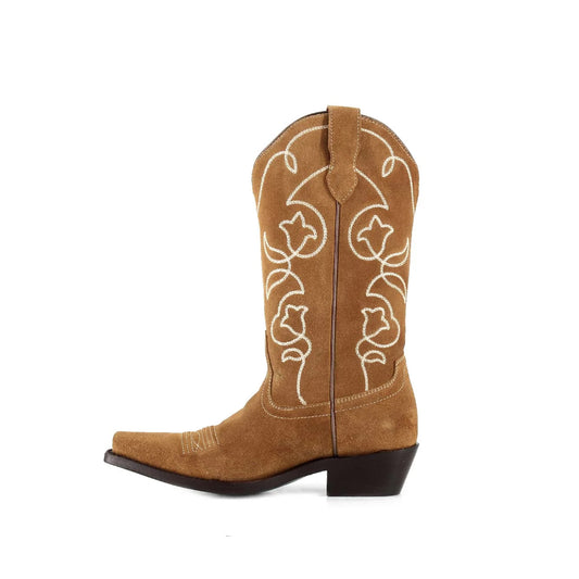 Tan Faux Suede Snip-Toe Embroidery Mid Calf Classic Cowgirl Boots