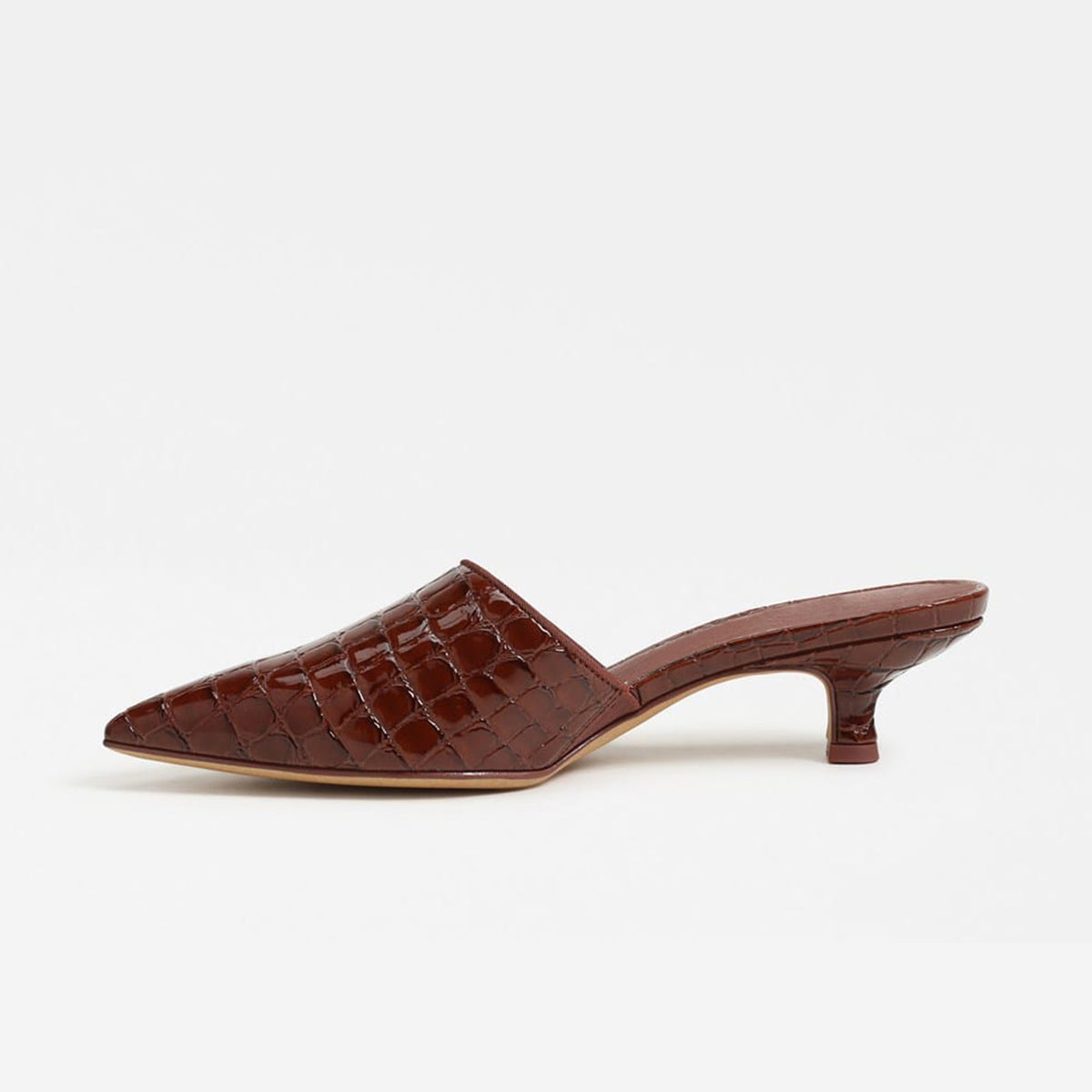 Brown Stone Pattern Vegan Leather Pointed-Toe Backless Chic Kitten Heels