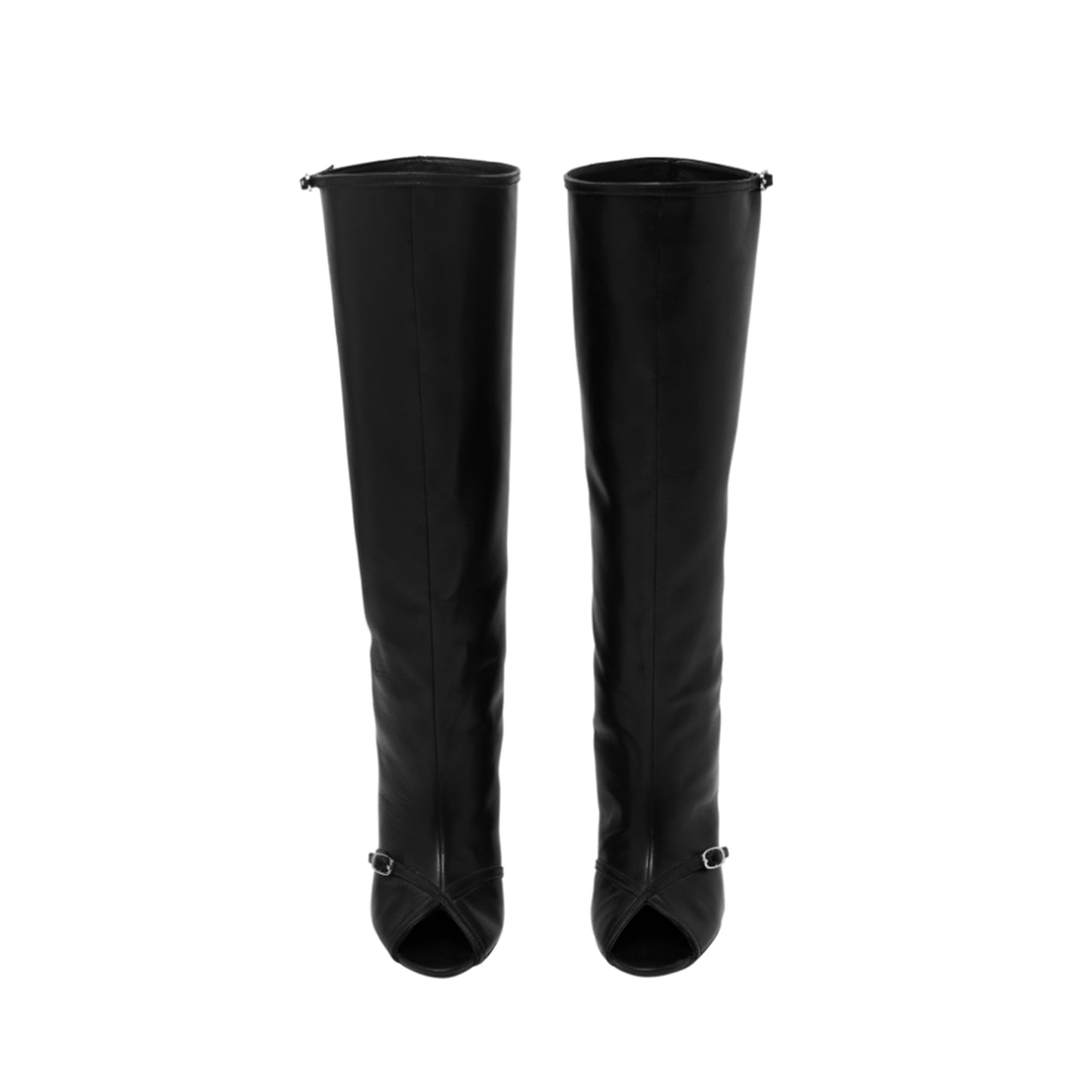 Black Peep Round-Toe Sleek Wide Calf Knee High Stiletto Boots