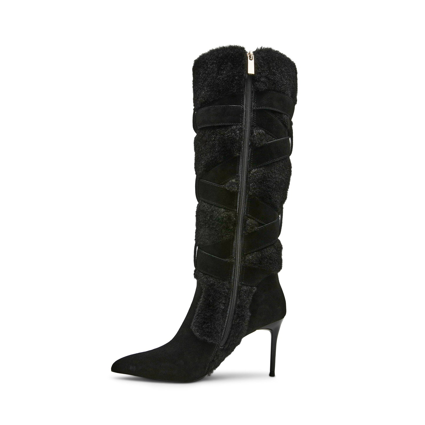 Black Faux Suede Contrast Plush Pointed-Toe Full-Zip Buckle Knee High Stiletto Boots