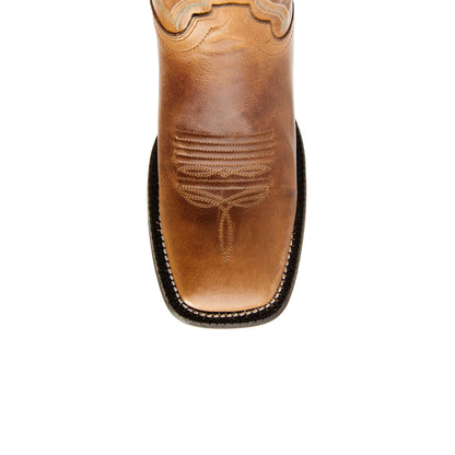 Distressed Tan Square-Toe Embroidery Mid Calf Cowgirl Boots