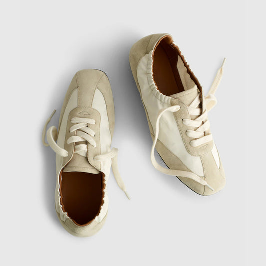 Khaki Cow Suede And Cow Leather Square-Toe Lace-Up Ballet Sneakers