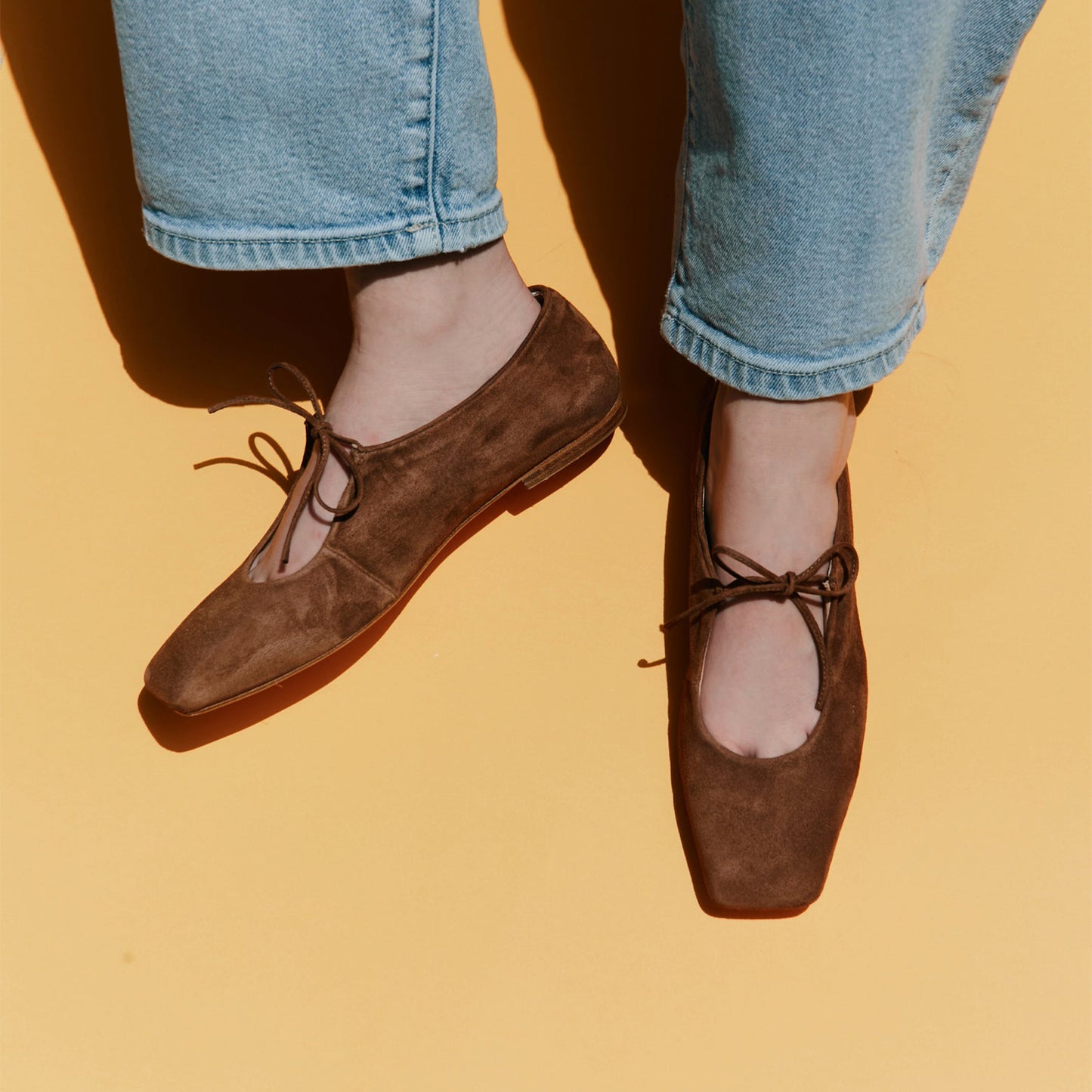 Brown Faux Suede Square-Toe Vamp Strap With Bow Ballet Flats