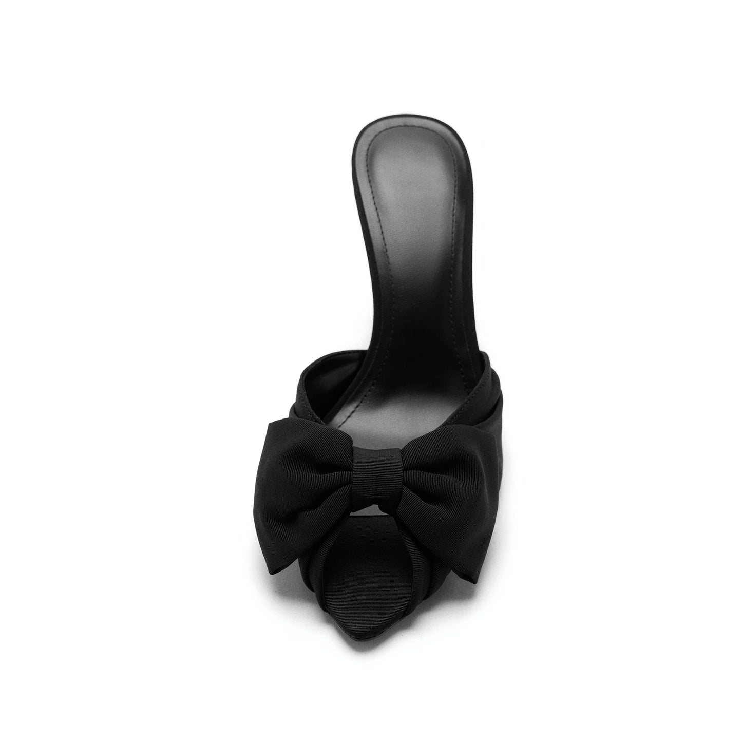 Black Satin Pointed-Toe Stiletto Front Bow Slip-On Kitten Heels